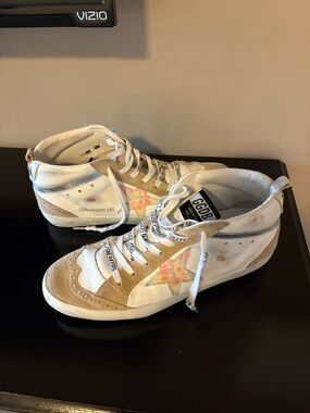 Golden Goose White & Tan High-Top Sneakers with Pastel Star